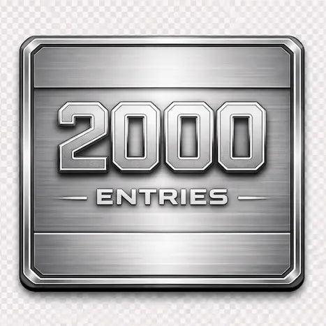Metallic plaque with '2000 Entries' text on a transparent background