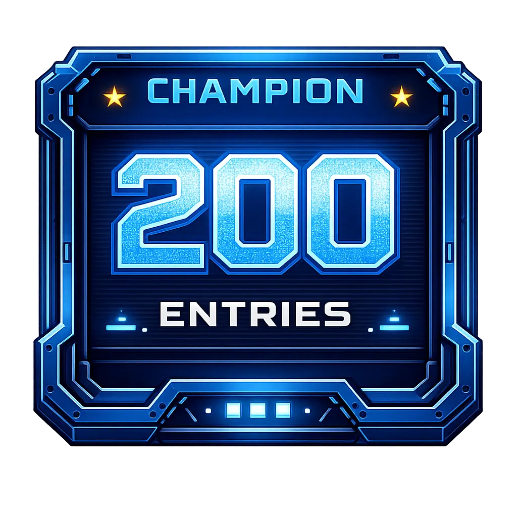 Futuristic badge with 'Champion 200 Entries' text on a blue background