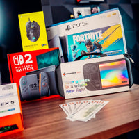 Gaming console boxes including Nintendo Switch, PlayStation 5, and others on a wooden surface.