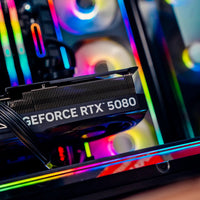GeForce RTX 5080 graphics card with colorful lighting effects in a computer case.