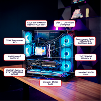 Computer hardware components with labels on a dark background