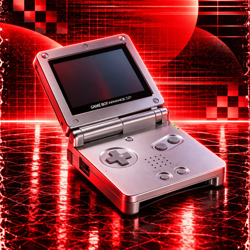 A silver Game Boy Advance SP, flipped open, under red neon light