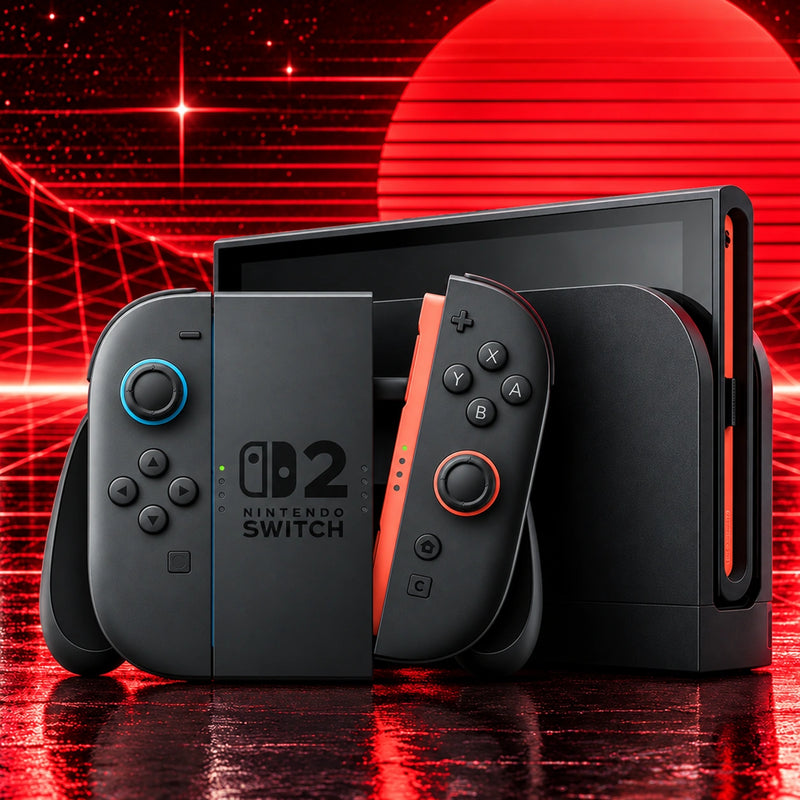 A Nintendo Switch 2 with its controllers in a grip and the console in its dock behind, under red neon light