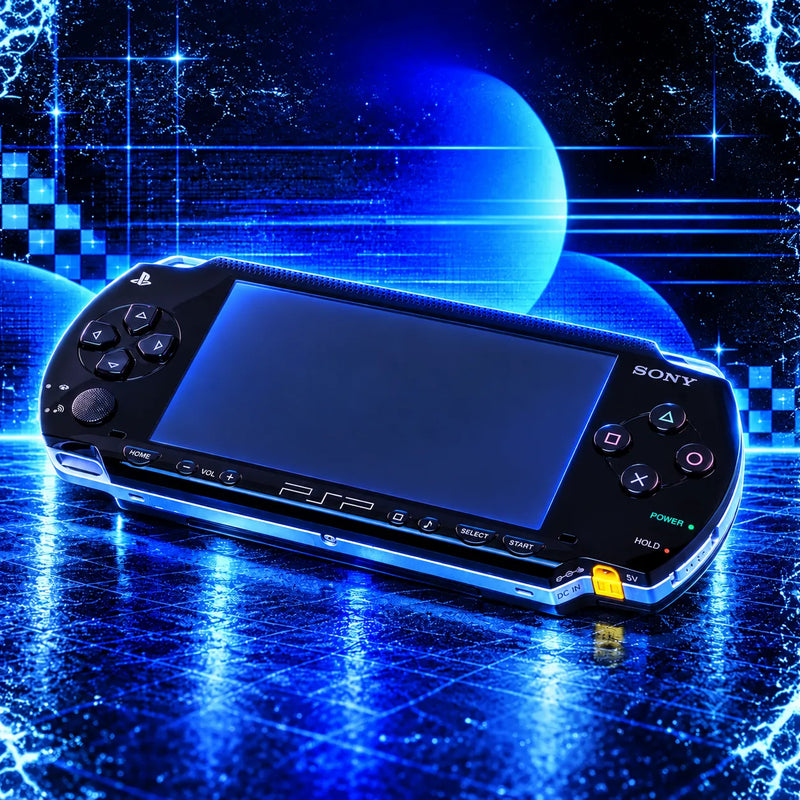 A black PSP handheld under blue neon light