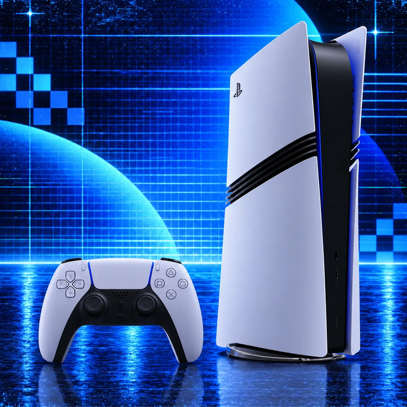 A white PlayStation 5 standing upright beside its controller under blue light