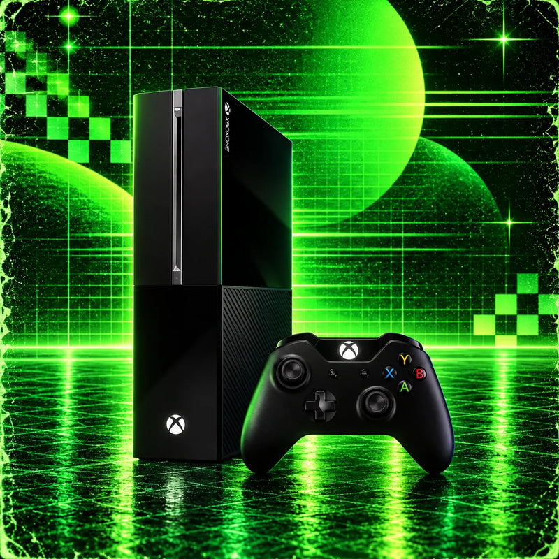 A black Xbox One standing upright beside its controller under green neon light