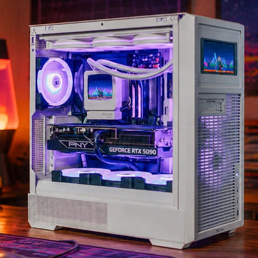 A light-colored retro-style PC tower with a glass side panel showing a GeForce RTX 5090 card, white cooling tubes and purple-lit fans