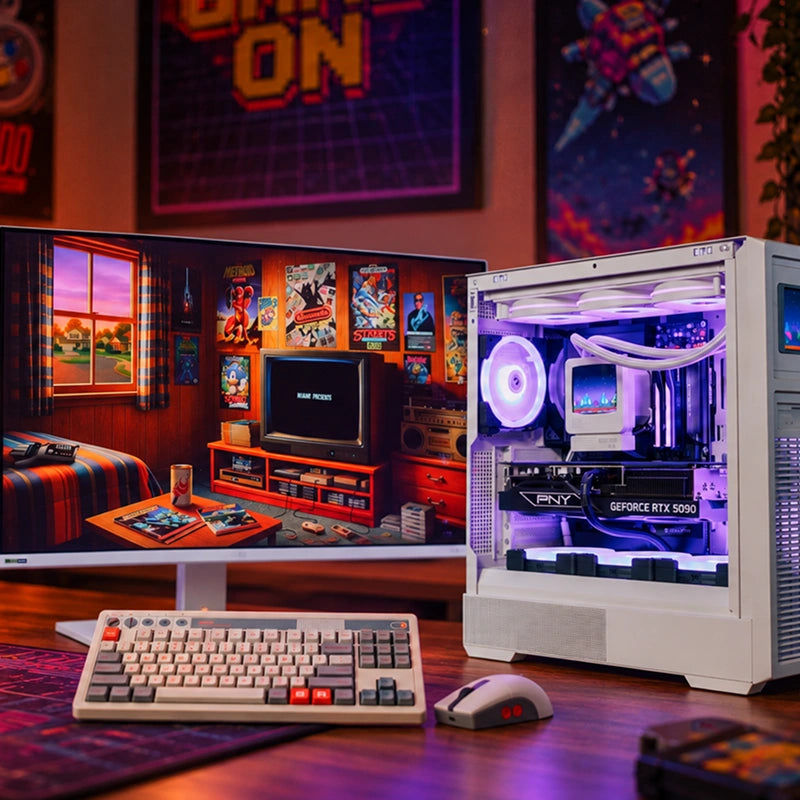 The retro gaming PC next to a white gaming monitor, with a retro keyboard and wireless mouse on a wooden desk